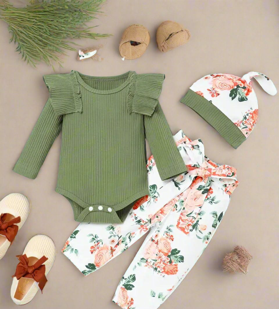 Green baby outfit , top, pants, hat and bow- 4 piece