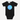 A black short-sleeve baby bodysuit with a circular blue and purple watercolor-style graphic on the chest containing the word 'tuakana' in white, shown on a light gray background.