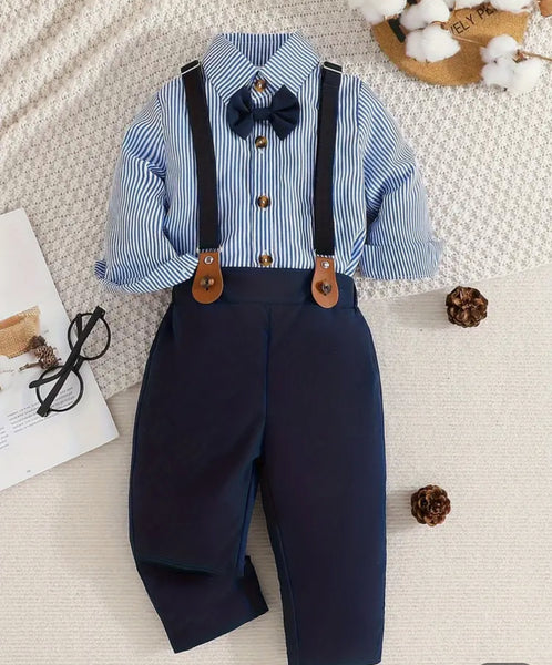 Boys striped dress shirt and Navy pant c/w bowtie and suspenders