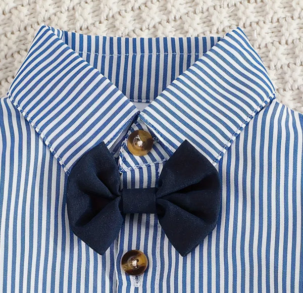 Boys striped dress shirt and Navy pant c/w bowtie and suspenders