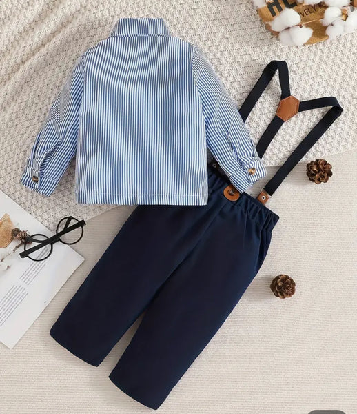 Boys striped dress shirt and Navy pant c/w bowtie and suspenders