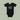 A black short-sleeve baby bodysuit with white text reading 'Hello I'M NEW HERE' on the chest, laid flat against a muted sage green background.