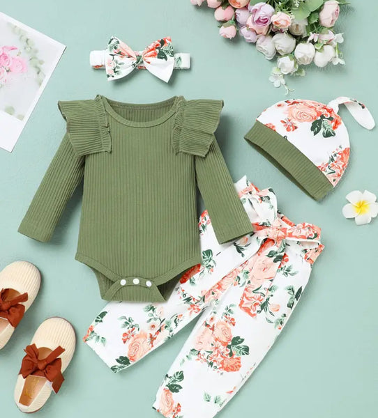 Green baby outfit , top, pants, hat and bow- 4 piece