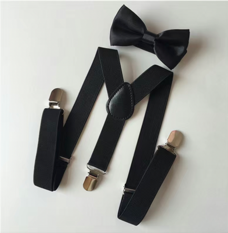 black suspenders and bow tie