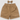 A toddler's elastic-waist shorts in a warm tan/camel color, featuring side pockets and rolled hems, shown with a matching fabric bow headband on a light gray background.