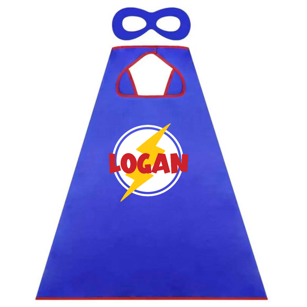 Personalised Blue Superhero Cape - Lightning Badge