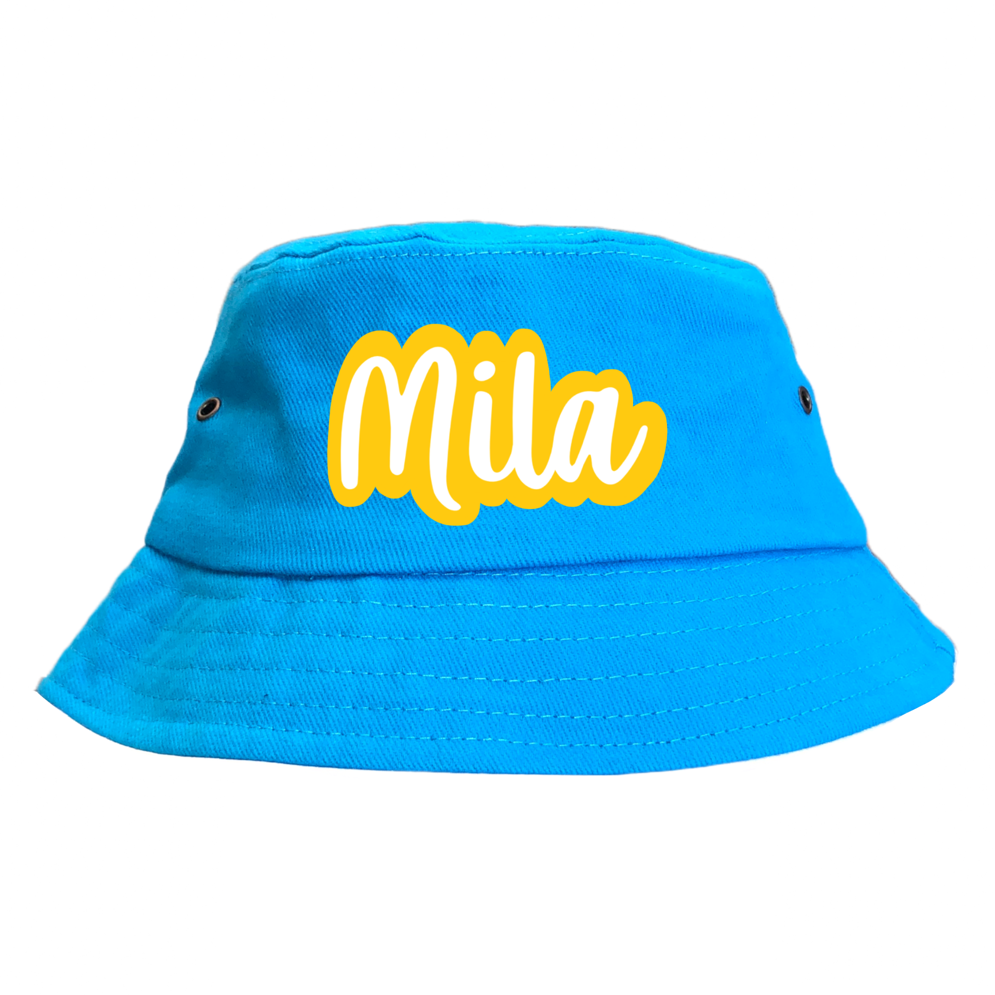 Personalised Kids Bucket Hat- Blue Yellow Name.