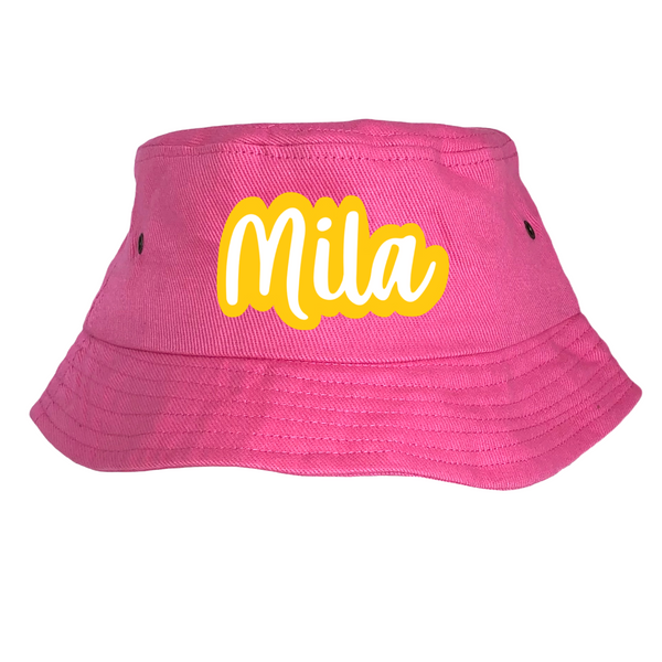 Personalised Kids Bucket Hat- Pink Yellow Name.