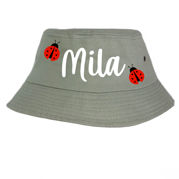 Personalised Kids Bucket Hat - Ladybug (Sage Green)