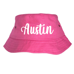 Personalised Kids Bucket Hat - White Name (Pink)