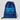A royal blue drawstring gym bag with black cords and a bright blue graphic print that reads 'MICHELLE'S SWIM BAG' with a crab, ice cream cone, and sun illustration on a light gray background.