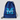 A royal blue drawstring gym bag with black cords, featuring a large light blue monogram 'M' and the name 'Michelle' in white script on the front, set against a light gray background.