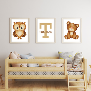 Nursery Print woodland animals trio personalised