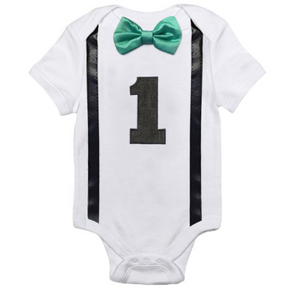 Boys '1' Romper with Green Bow Tie